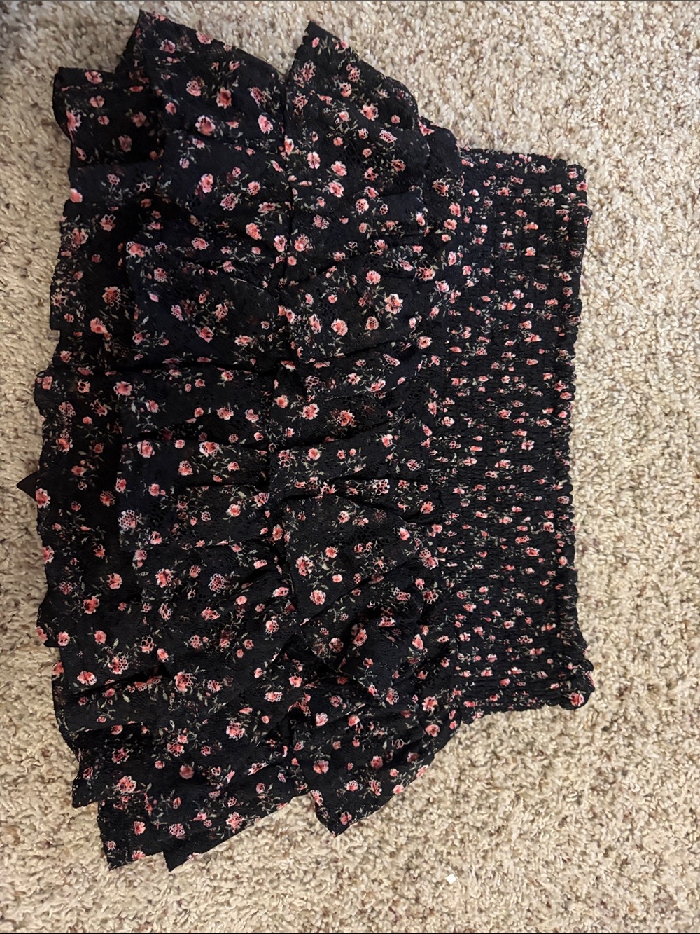 Floral Ruffle Mini Skirt in Black with Pink Rose Print